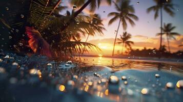 AI generated Beach with waves and coconut trees at sunset. Generative AI photo