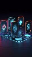 AI generated Some playing cards with glowing neon designs on a tablet. Generative AI photo