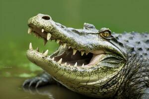 AI generated Crocodile with its mouth wide open with a green lake in the green background. AI Generated photo