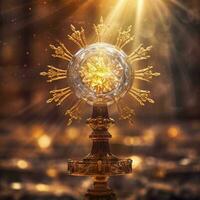 AI generated The golden monstrance with a little transparent crystal center, consecrated host. church defocused background. AI Generative photo