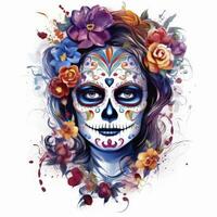 AI generated Woman sugar skull with beautiful colored flowers on white background. AI Generated photo