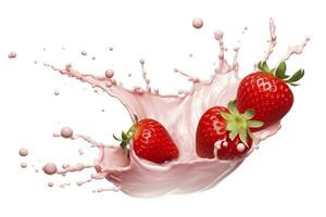 AI generated milk or yogurt splash with strawberries isolated on white background, 3d rendering. AI Generated photo