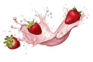 AI generated milk or yogurt splash with strawberries isolated on white background, 3d rendering. AI Generated photo