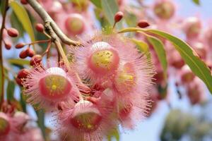 AI generated Beautiful Gum tree pink flowers and buds. AI Generated photo