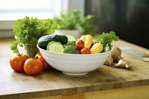 AI generated Kitchen still life with white bowl of washed vegetables on wooden desk. AI Generated photo