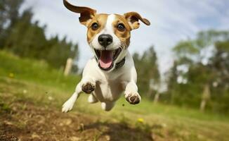 ai generado Jack rusia párroco perro correr hacia el cámara bajo ángulo alto velocidad disparo. ai generado foto