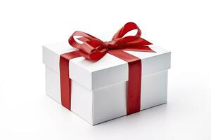 AI generated Gift box with red ribbon isolated on white background. AI Generated photo