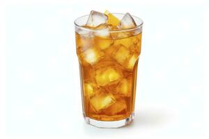 AI generated A glass of orange soda water with ice cubes on white background. AI Generated photo