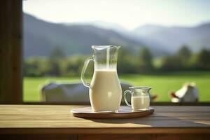 AI generated Glass pitcher with fresh milk on a wooden table. AI Generated photo