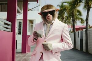 AI generated A Monkey is wearing sunglasses, suit and standing on street. AI Generated photo