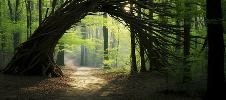 AI generated Natural archway shaped by branches in the forest. AI Generated photo