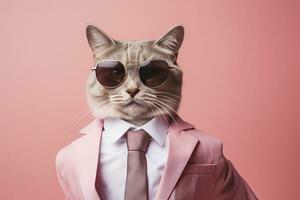 AI generated A cat is wearing sunglasses and suit on Pink Background. AI Generated photo