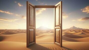 ai generado el abrió puerta en el desierto. desconocido y comienzo arriba concepto. ai generado. foto