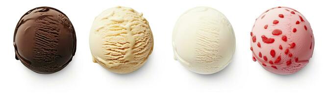 AI generated Set of four various ice cream balls or scoops isolated on white background. AI Generated photo