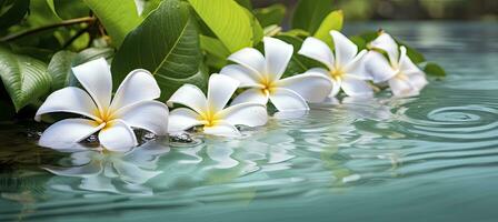 ai generado plumeria flores en verde hoja flotante en agua. un pacífico y sereno escena con un toque de naturaleza y belleza. ai generado foto