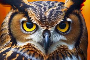 AI generated Owl headshot with closeup of face. Generative AI photo