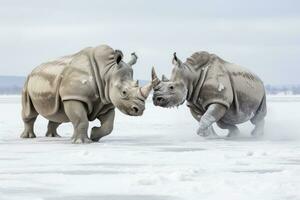 AI generated Two Rhinoceros getting ready for fight on Ice. AI Generated photo