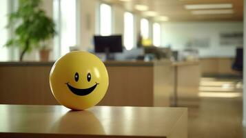 ai generado un amarillo sonriente pelota lata promover un positivo trabajo ambiente. generativo ai foto