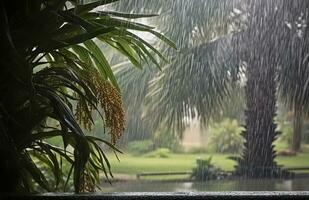 ai generado lluvia en el zona tropical durante el bajo temporada o monzón estación. gotas de lluvia en un jardín. generativo ai foto