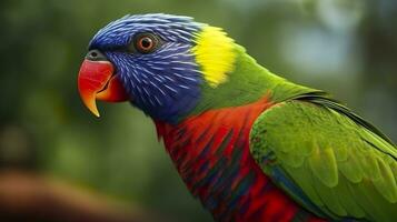 ai generado lado ver de cerca de hermosa y vistoso lorikeet verde nuca pájaro. generativo ai foto