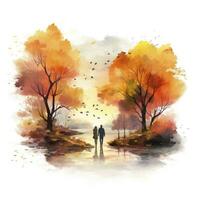 ai generado acuarela otoño paisaje con un Pareja caminando. ai generado foto