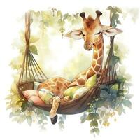 AI generated A sleepy baby giraffe in a hammock. watercolor illustration. AI Generated photo