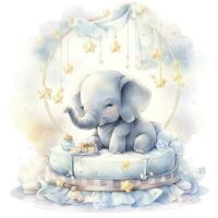 AI generated An elephant on a bed with stars and blankets around the circle. AI Generated photo