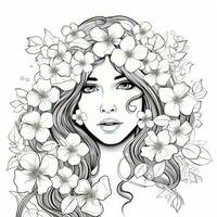 AI generated A girl on a coloring book page with Jasmine flowers. AI Generated photo