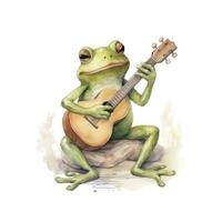 AI generated Watercolor green frog playing a tiny musical instrument on white background. AI Generated photo