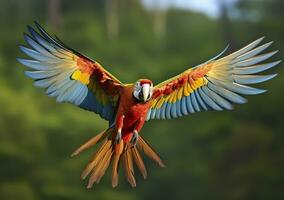 AI generated Flying macaw, beautiful bird. Generative AI photo