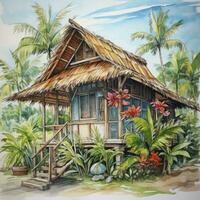 AI generated A watercolored bright serene image of a traditional bahay kubo. AI Generated photo