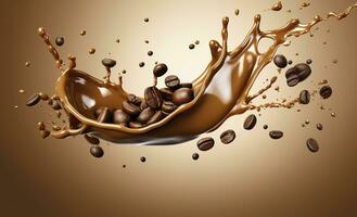 AI generated hot liquid coffee splash with Coffee Bean falling, 3d illustration. AI Generated photo