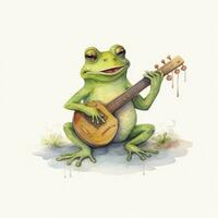 AI generated Watercolor green frog playing a tiny musical instrument on white background. AI Generated photo