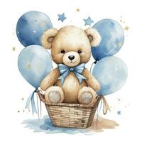 AI generated A watercolor baby teddy bear is sitting in the basket with blue and gold balloons. AI Generated photo