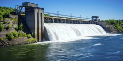 ai generado hidroeléctrico represa generando verde energía desde fluido agua. ai generado. foto