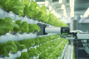 AI generated Automatic Agricultural Technology With Close-up View Of Robotic Arm Harvesting Lettuce In Vertical Hydroponic Plant. AI Generated photo
