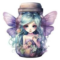 AI generated Watercolor Fantasy Pastel Goth Tiny Fairy in a Jar. AI Generated photo