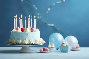 AI generated Birthday cake with candles and sweets on white table near blue wall. Generative AI photo