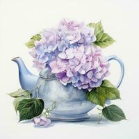 AI generated Watercolor hydrangeas in teapot isolated on white background. AI Generated photo