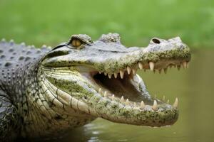 AI generated Crocodile with its mouth wide open with a green lake in the green background. AI Generated photo