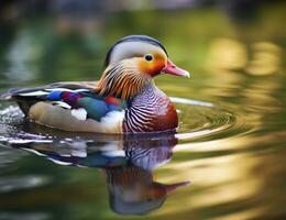 AI generated Closeup of mandarin duck swimming in lake. generative AI. photo