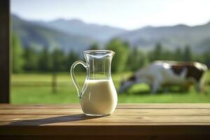 AI generated Glass pitcher with fresh milk on a wooden table. AI Generated photo