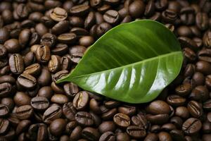 AI generated Green leaves with coffee beans as background. AI Generated photo