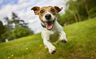 AI generated Jack Russel Parson Dog Run Toward The Camera Low Angle High Speed Shot. AI Generated photo