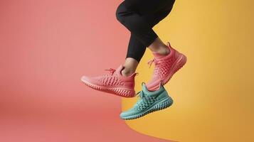 AI generated Flying trendy sneakers on creative colorful background, Stylish fashionable concept. AI Generated photo