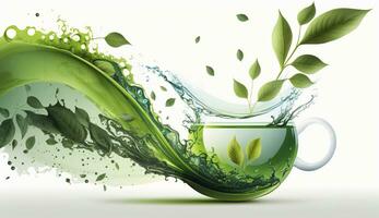 AI generated Green herbal tea wave splash with leaves flow. AI Generated photo