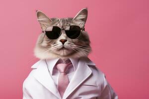 AI generated A cat is wearing sunglasses and suit on Pink Background. AI Generated photo