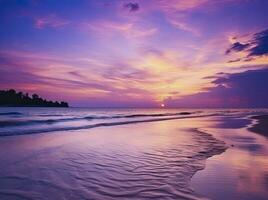 AI generated Summer beach with blue water and purple sky at the sunset.  AI Generated. photo