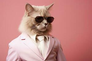 AI generated A cat is wearing sunglasses and suit on Pink Background. AI Generated photo