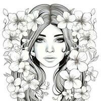 AI generated A girl on a coloring book page with Jasmine flowers. AI Generated photo